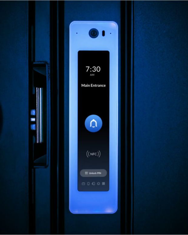 High-tech door access panel with bell ring, NFC and mobile access.