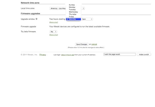 Cisco Meraki UI showing firmware control
